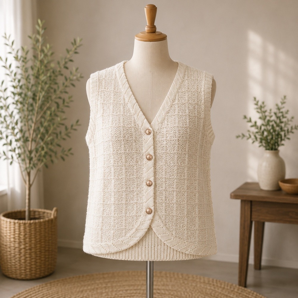 NWT Cupshe Sweater Vest Womens Medium Ivory Button Front Textured Knit V-Neck